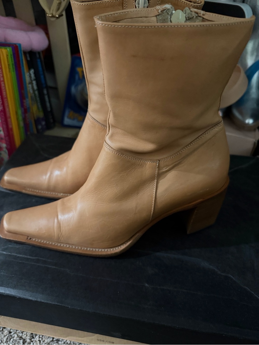 Women's Tan Leather Mid-Calf Block Heel Boots